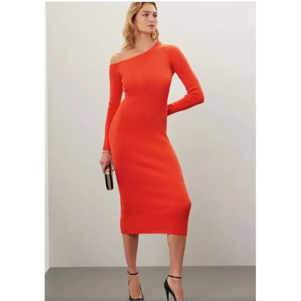 LAPOINTE Orange Ribbed Knit One Shoulder Asymmetric Midi Dress Italian Yarn Sz M